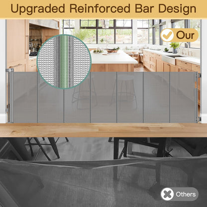 Reinforced 55" Wide Retractable Baby Gates with Reinforced Strips, Indoor/Outdoor Retractable Dog Gate for Doorway Prevent Bottom Drilling Through, No Bottom Bar Safety Mesh Baby Gate for Stair, Black