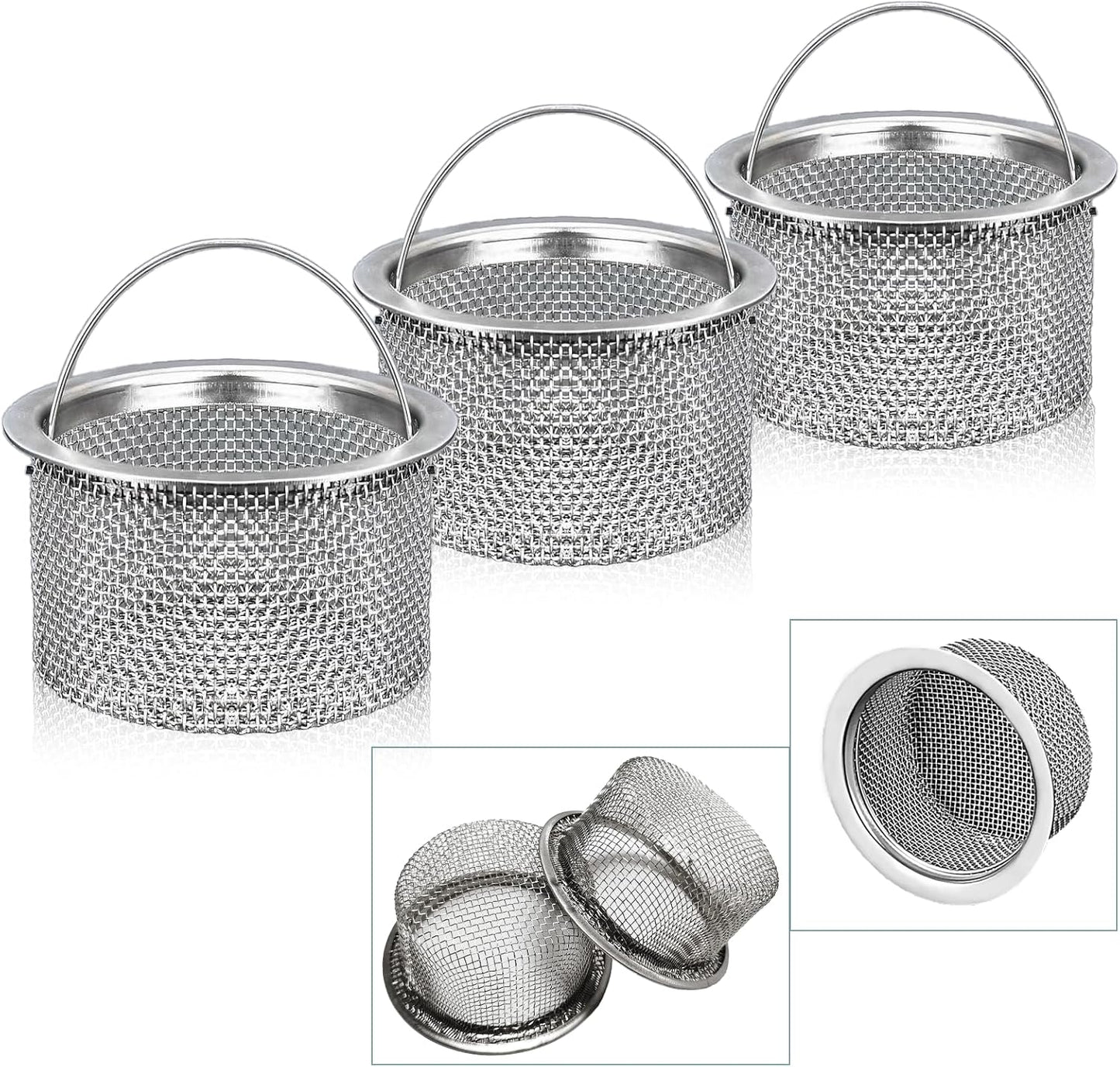 Kitchen Sink Drain Strainer, Fine Mesh,Sink with Handle Food Collection Filter,Stainless Steel Accessories,3 Inch Mesh Sink Strainer, Dishwasher Washable（3-Pack）