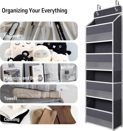 TYMENSH Black Over Door Organizer with 4 Large Clear Pockets, Compact Black Hanging Door Storage for Closet, Bathroom, Bedroom, Dorm, Nursery, Toys, Cosmetics, Baby Essentials