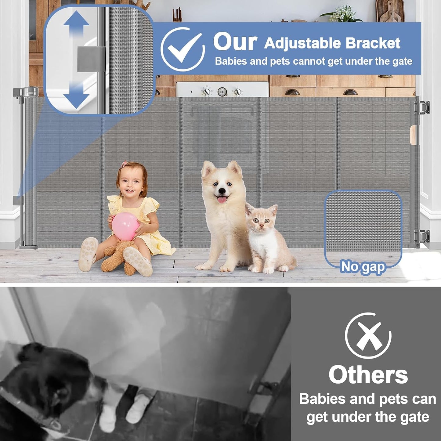 Reinforced Retractable Baby Gates with Support Beam 60" Wide Retractable Dog Gate Indoor Prevent Children and Dogs from Crawling Under Outdoor Dog Gate for Deck Mesh Gates for Kids or Pets, Black