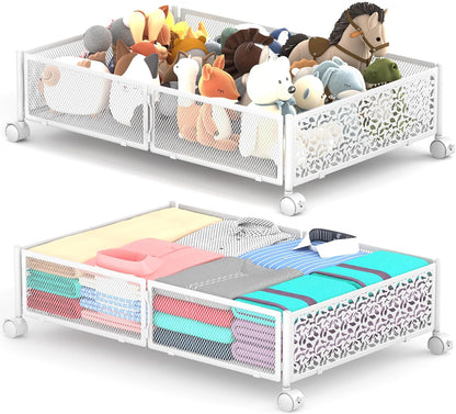 Under Bed Storage With Wheels, 2 Pack Foldable Pattern Carved Metal Under Bed Storage Containers, 60L Rolling Underbed Storage, Easy Assembly Under The Bed Storage for Shoes, Clothes, Blankets...