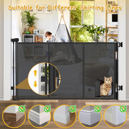 Reinforced 60” Wide Retractable Pet Gate with Cat Door Mesh Baby Gate for Stairs with Reinforced Strips Retractable Dog Gates with Cat Door Mesh Dog Gates for Doorways Separating Dogs from Cats, White