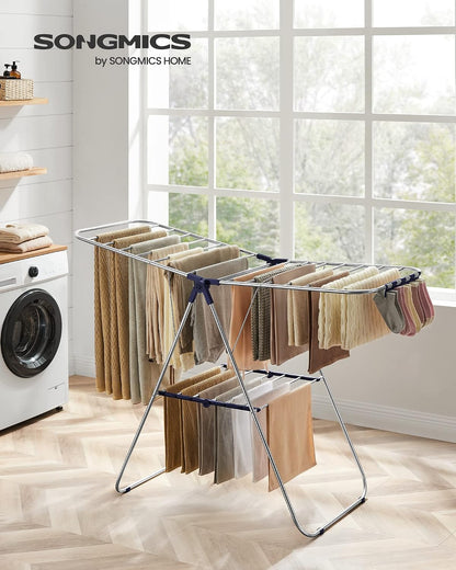 SONGMICS Clothes Drying Rack, with Sock Clips, Metal Laundry Rack, Foldable, Space-Saving, Free-Standing Airer, with 2 Height-Adjustable Gullwings, Indoor Outdoor Use, Gray ULLR052G01