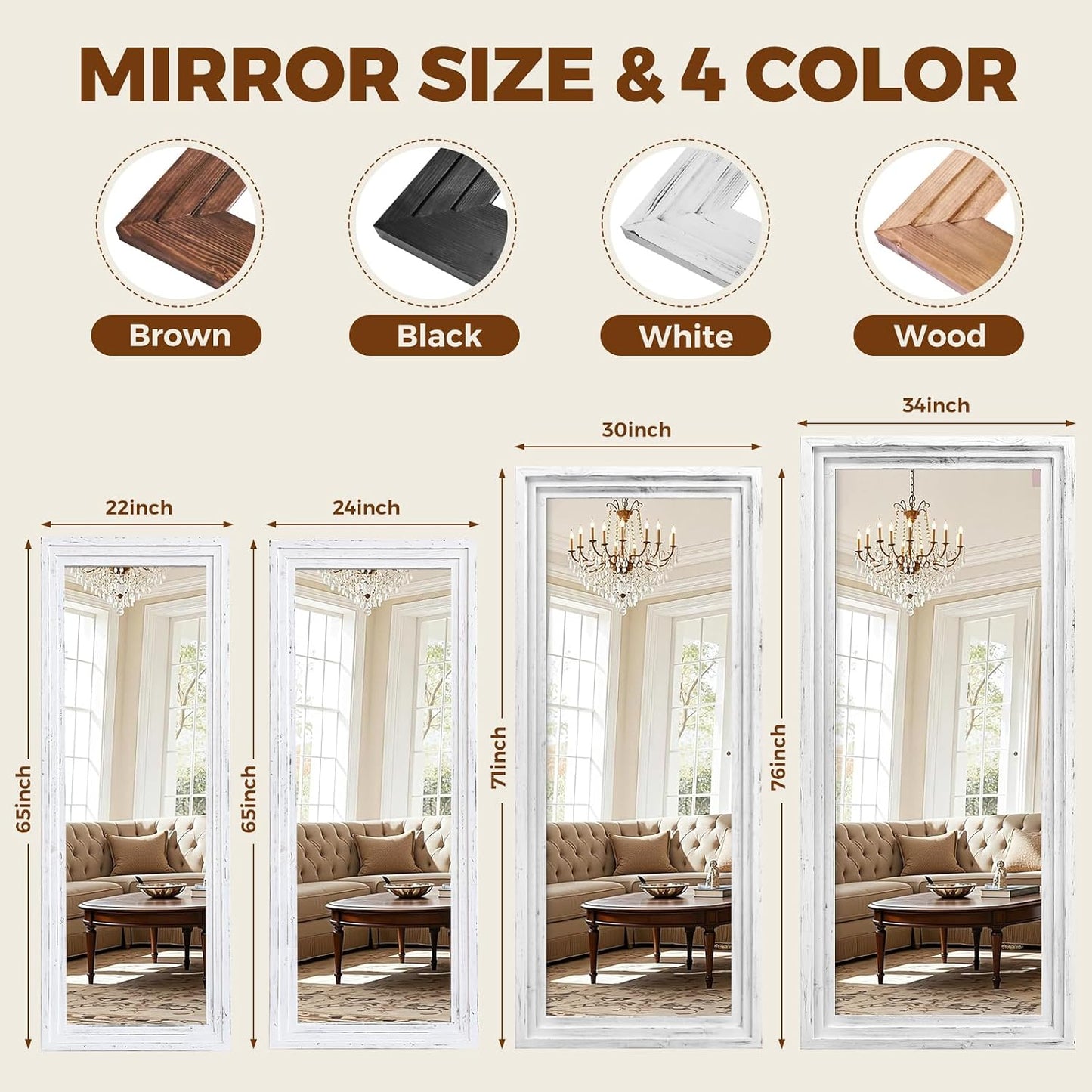 65"x22" Full Length Mirror Solid Wood Frame Floor Mirror with Stand for Living Room, Bedroom Hanging Standing or Leaning, Brown