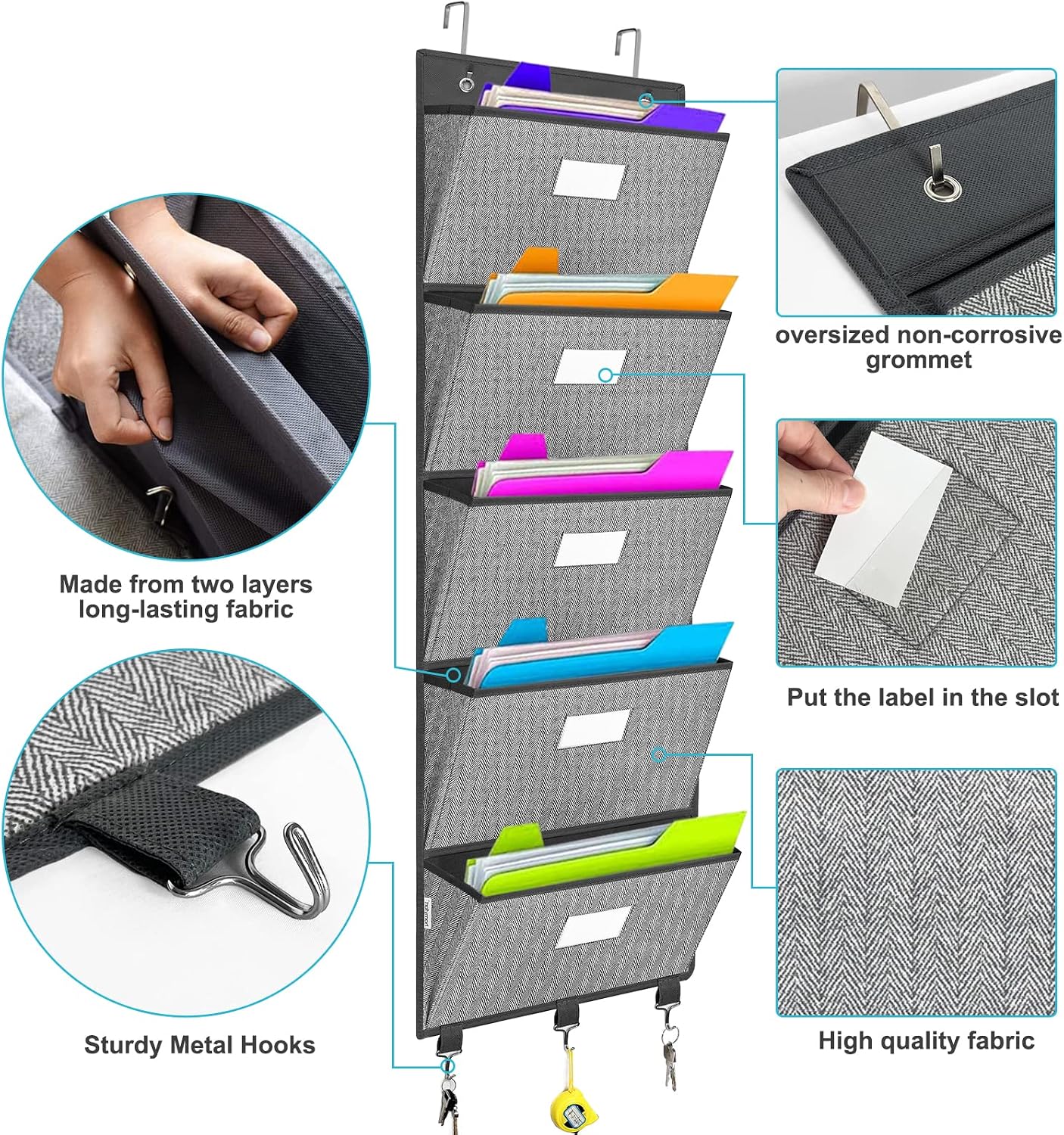 homyfort Over the Door File Organizer, Wall Hanging File Folders with 5 Large Pocket for Mails, Magazines, Back to School Supplies,Office Chart Storage, Paper Organization (Grey)
