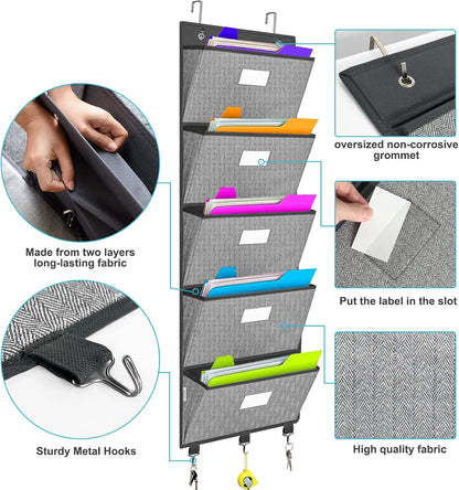 homyfort Over the Door File Organizer, Wall Hanging File Folders with 5 Large Pocket for Mails, Magazines, Back to School Supplies,Office Chart Storage, Paper Organization (Grey)