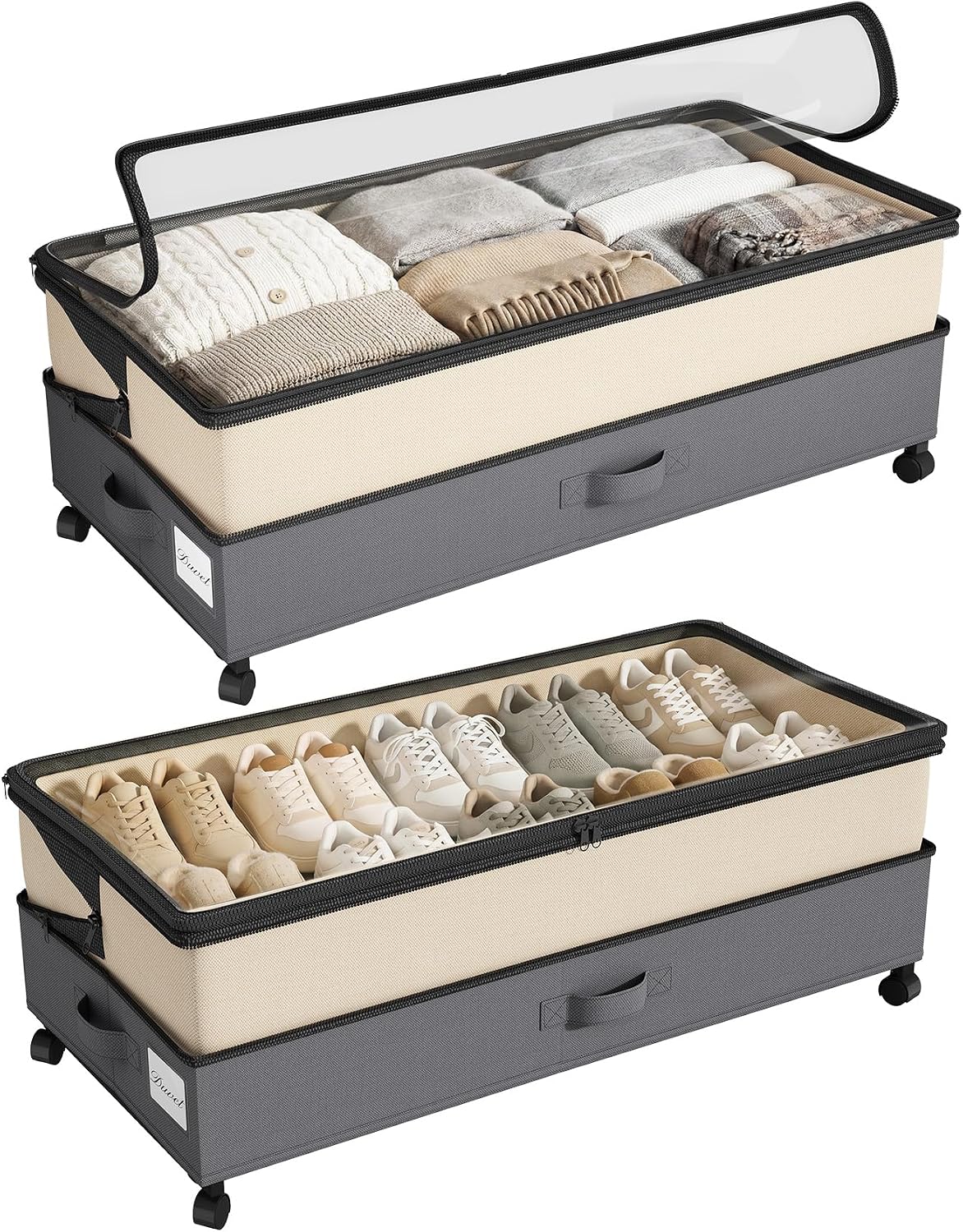 Kitstorack Under Bed Storage with Wheels 2Pack Height-adjustable Under Bed Storage Containers,Under Bed Shoe Storage Organizer with Clear Window&Label, Suitable for Clothes Storage, Gray