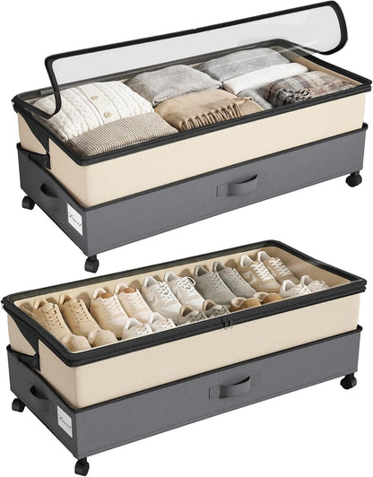 Kitstorack Under Bed Storage with Wheels 2Pack Height-adjustable Under Bed Storage Containers,Under Bed Shoe Storage Organizer with Clear Window&Label, Suitable for Clothes Storage, Gray