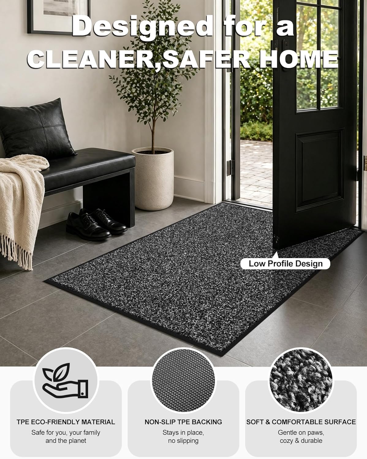 Mibao Front Door Mat, Dirt Trapper Welcome Mat for Outdoor Indoor, Non-Slip Waterproof Doormat, Durable Machine Washable Low Profile Entry Rug for Back Door Outside Patio Porch, 29.5" x 17", Grey