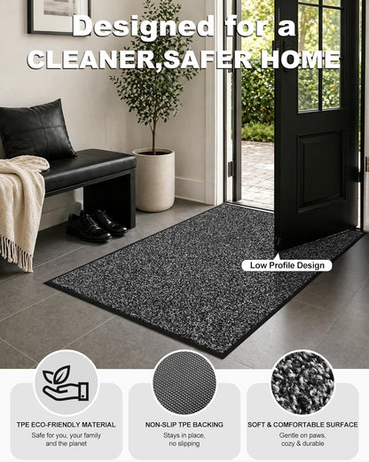 Mibao Front Door Mat, Dirt Trapper Welcome Mat for Outdoor Indoor, Non-Slip Waterproof Doormat, Durable Machine Washable Low Profile Entry Rug for Back Door Outside Patio Porch, 29.5" x 17", Grey