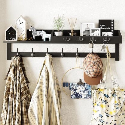 AMBIRD Wall Hooks with Shelf, 26.57 Inch Entryway Wood Coat Hooks for Wall with Shelf, Coat Rack Wall Mount with 5 Dual Hooks 3 Key Hooks Mail Organizer and Key Rack Holder (Brown)