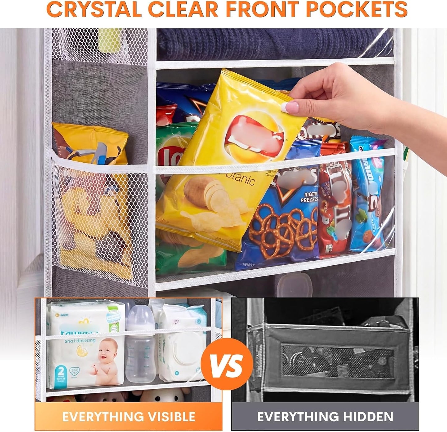 Over The Door Organizer, 5-Tier Extra Large Behind Door Storage with 10 Big Front & 10 Mesh Pockets, 80lb Capacity, Hanging Storage Organizer with Clear Window Kids Toys, Shoes, Diapers, Light Grey