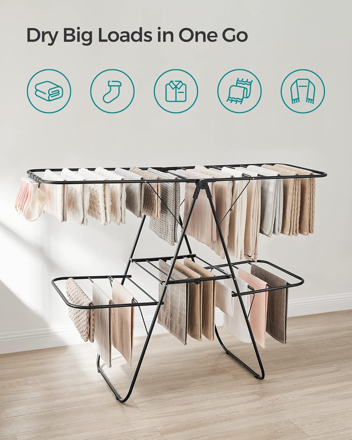 SONGMICS Clothes Drying Rack, with Sock Clips, Metal Laundry Rack, Foldable, Space-Saving, Free-Standing Airer, with 2 Height-Adjustable Gullwings, Indoor Outdoor Use, Gray ULLR052G01