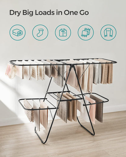 SONGMICS Clothes Drying Rack, with Sock Clips, Metal Laundry Rack, Foldable, Space-Saving, Free-Standing Airer, with 2 Height-Adjustable Gullwings, Indoor Outdoor Use, Gray ULLR052G01