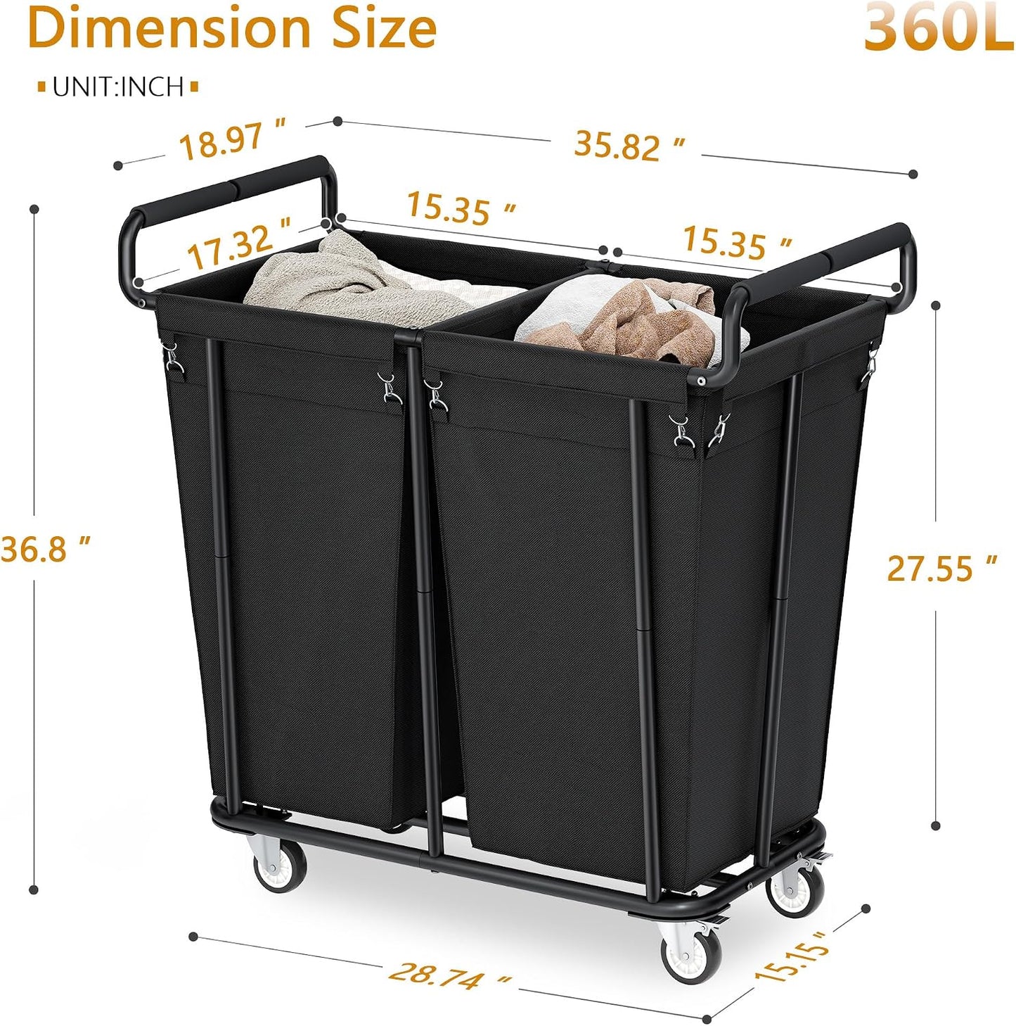 Gewudraw Large laundry hamper with Wheels, 3 Bag Big Rolling Laundry Hamper Sorter Cart, Extra Large Laundry Clothes Hamper, Heavy Duty Laundry Basket Organizer for Laundry Room,Bathroom,Black