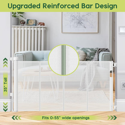 Reinforced 55" Wide Retractable Baby Gates with Reinforced Strips, Indoor/Outdoor Retractable Dog Gate for Doorway Prevent Bottom Drilling Through, No Bottom Bar Safety Mesh Baby Gate for Stair, Black