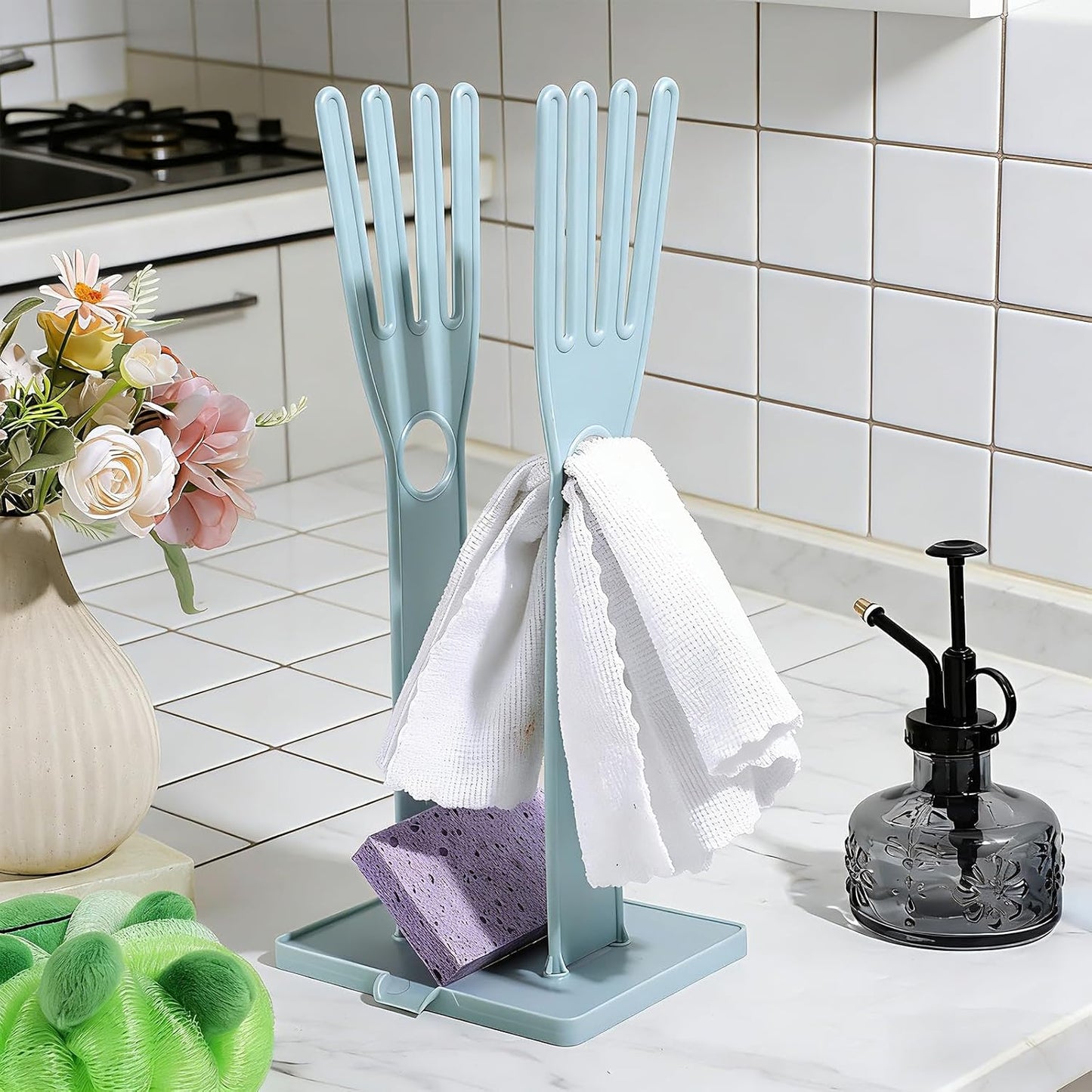 Kitchen Gloves Holder Mitten Dryer Reusable Rubber Glove Clothes Drying Rack Plastic Washing Sink Holder Stand Towel Hanger for Dish Gloves Rags Sponge Food Bag Organizer Blue