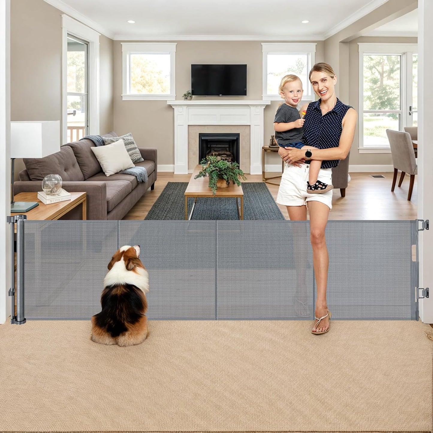 Reinforced 28-Inch Tall Retractable Baby Gates for Doorways, Walk Through Pet Gate for Stairs, Short Baby Gate with Support Rods, 55 Inch Wide Mesh Gate Retractable Gate Small Dog Gate, Gray