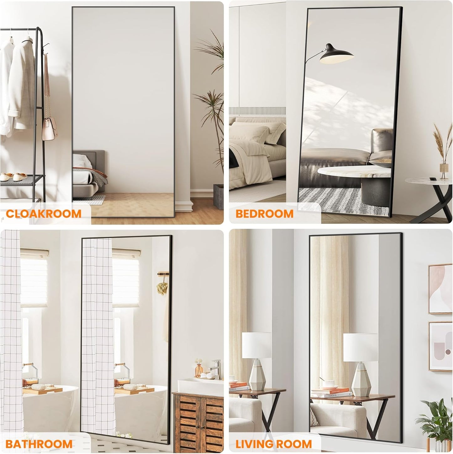 TRAHOME Full Length Floor Mirror 56"x15", Standing Mirror with Aluminum Frame, Large Body Mirror for Bedroom, Living Room and Bathroom, Black