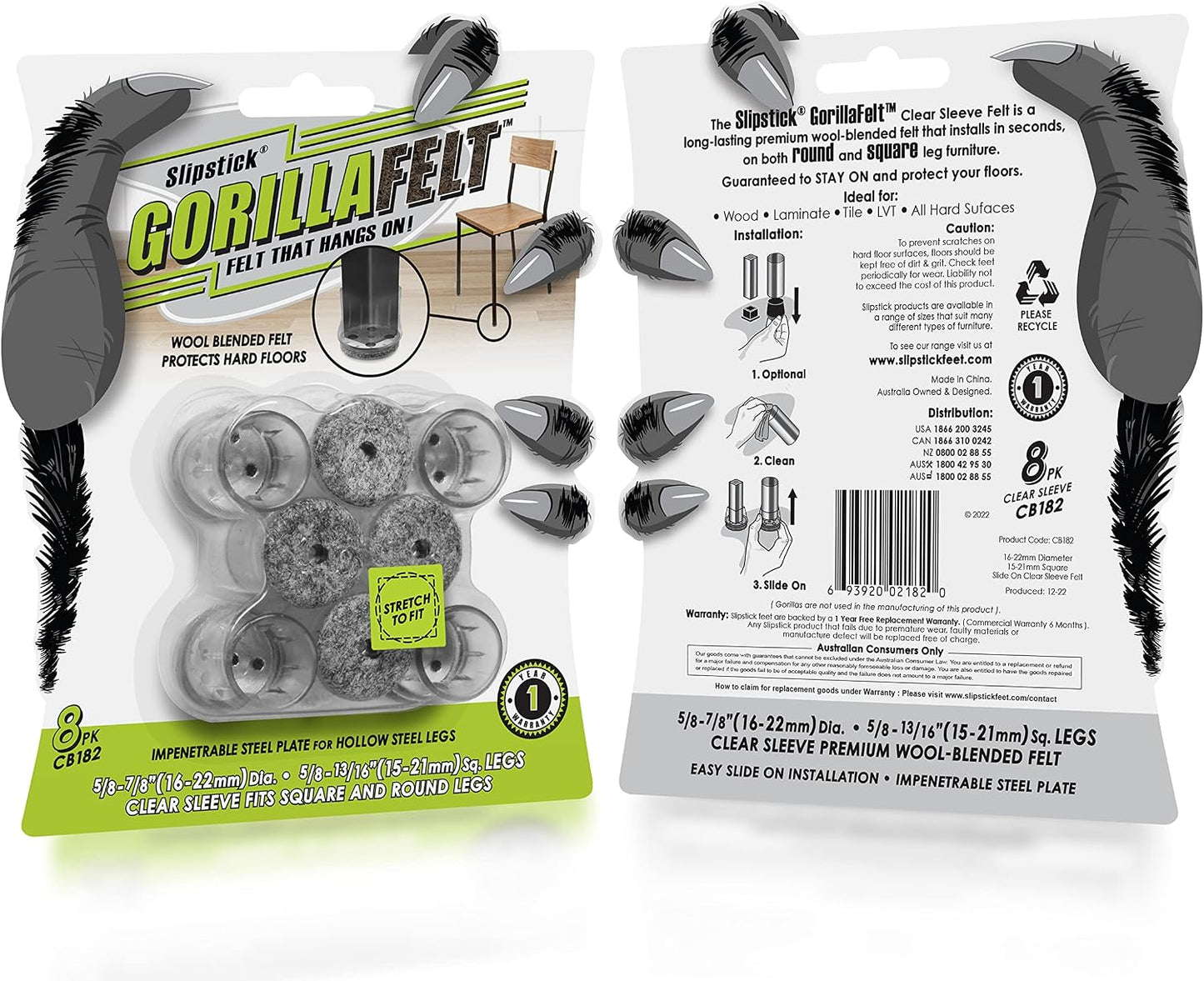 GorillaFelt Chair Leg Floor Protectors/Felt Chair Glides (Set of 16) Tap-On Felt Furniture Pads Guaranteed to Stay On, 1 Inch Round Chair Sliders