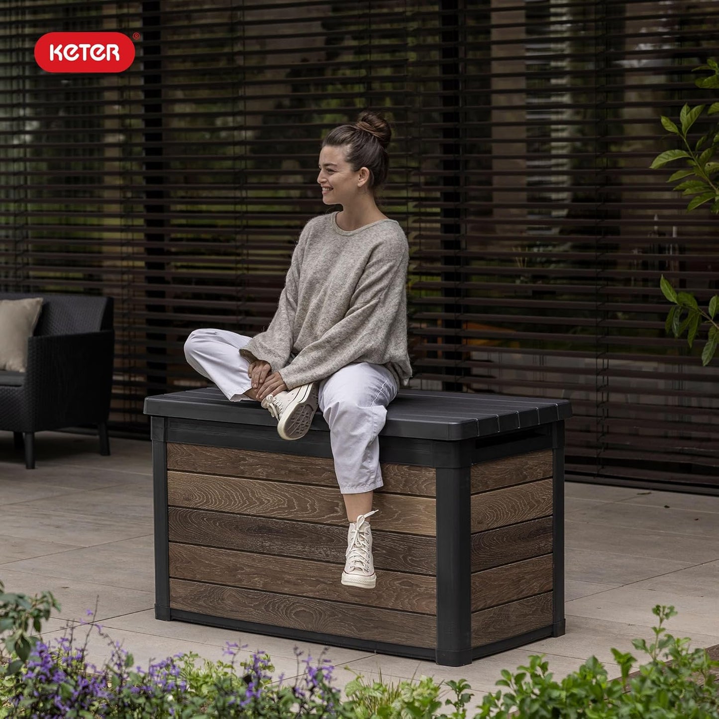 Keter Signature Everwood 30 Gallon Resin Outdoor Storage Box and Patio Furniture Side Table for Pool and Garden Accessories, Walnut
