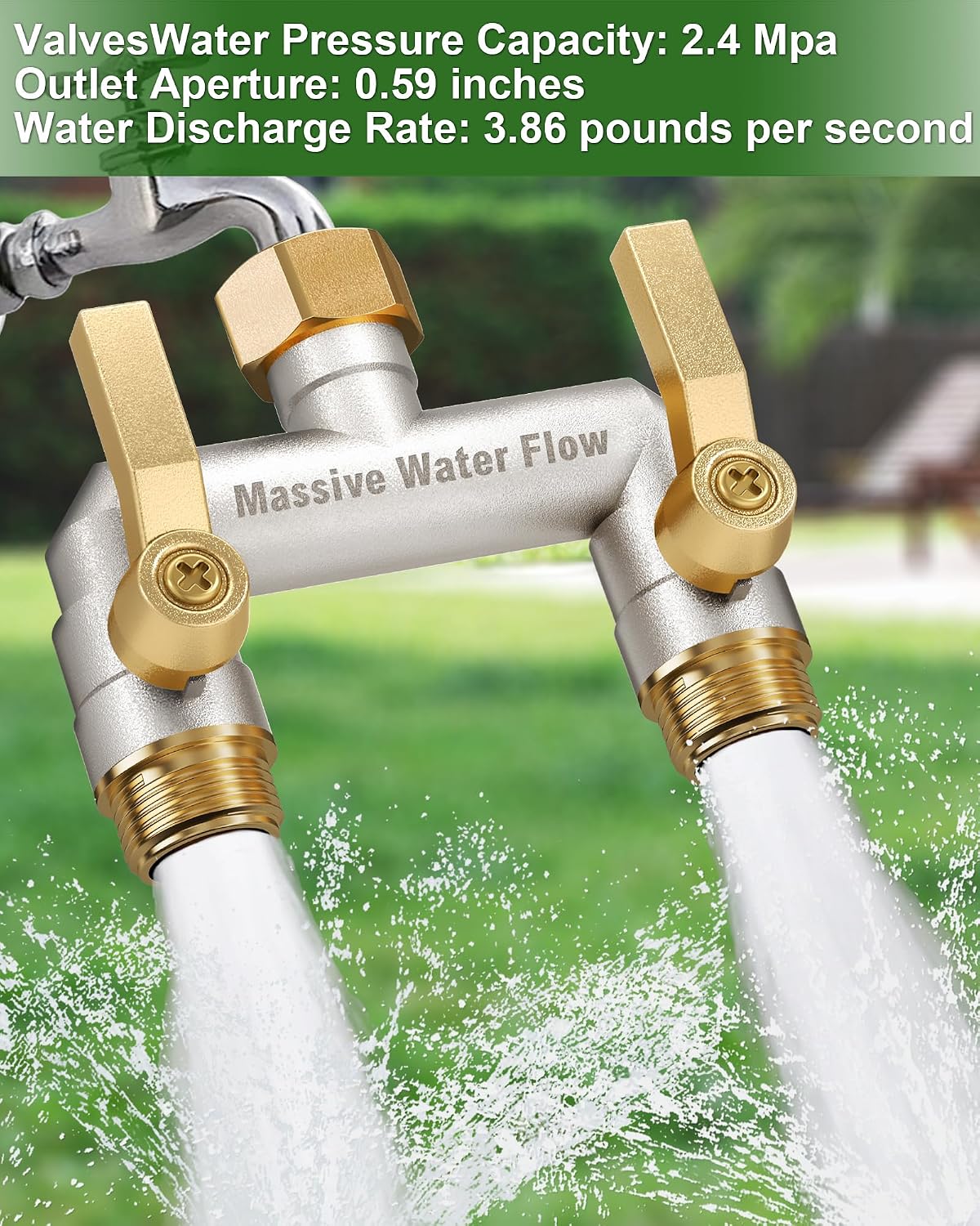 Hose Splitter 2 Way Heavy Duty, Solid Brass Full Flow Outdoor Faucet and Garden Hose Splitters, Water Spigot Splitter T Adapter, All Metal Water Connector with Shut-Off Valve, 3/4 - Inch GHT Thread