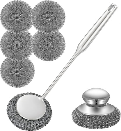 Heavy Duty Stainless Steel Scrubber Set - Long & Short Handle with 5 Steel Wool Pads, Cast Iron & Pot Scrubber for Dishes, Pans, Grills, Stoves