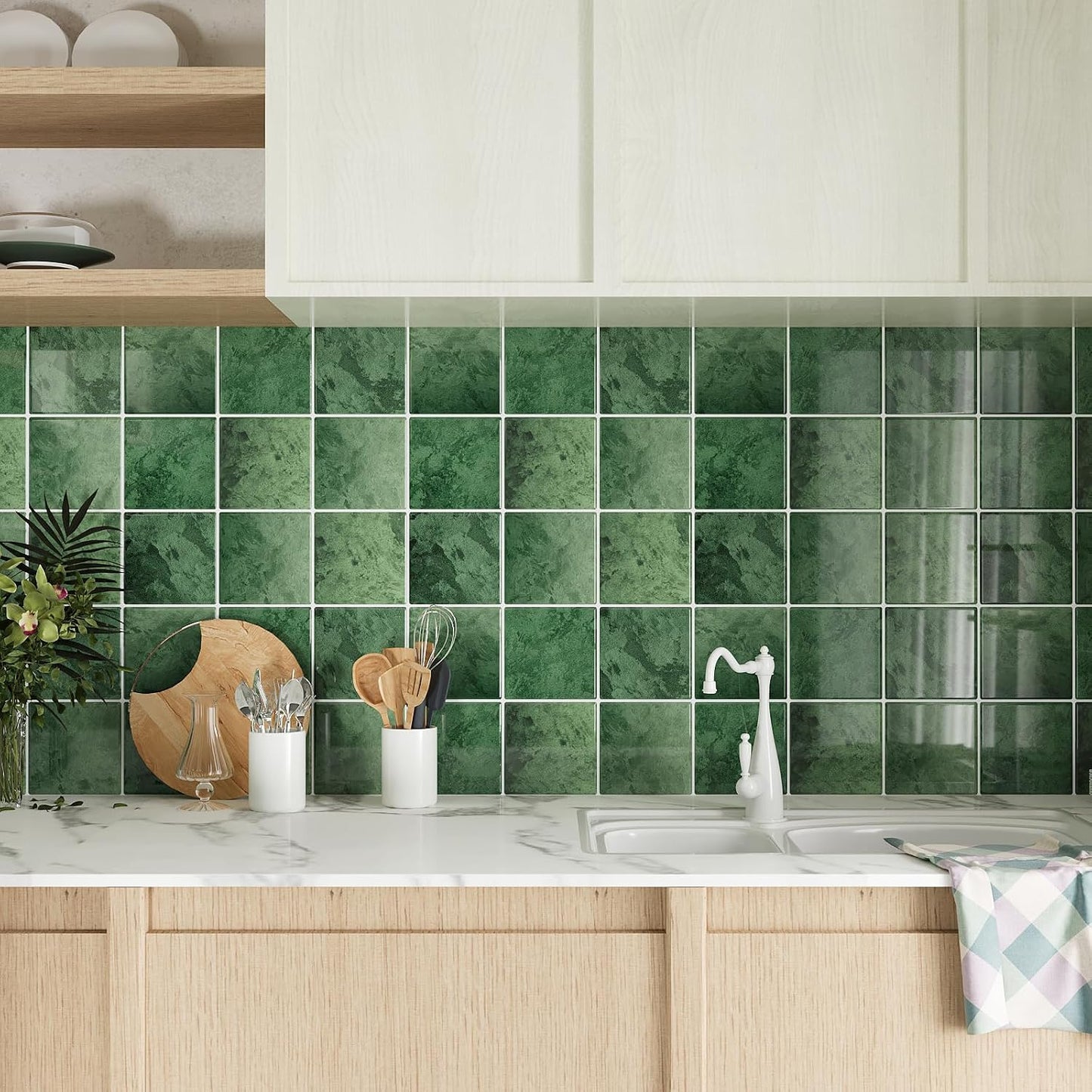 VEELIKE Cream Beige Peel and Stick Backsplash for Kitchen Square Peel and Stick Tile Backsplash 6 Sheets Self Adhesive Back Splash Tiles for Bathroom Waterproof Ceramic Wall Tile Stickers 12''x12''