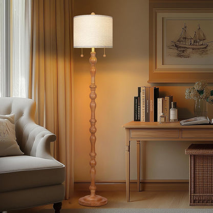Scenekoy 65.5” Natural Real Wood Floor Lamp for Living Room Bedroom, Dual S Cluster Socket, Pull Chains Switch, Farmhouse Tall Standing Lamp with Linen Shade for Home Room Decor (Bulbs Included)