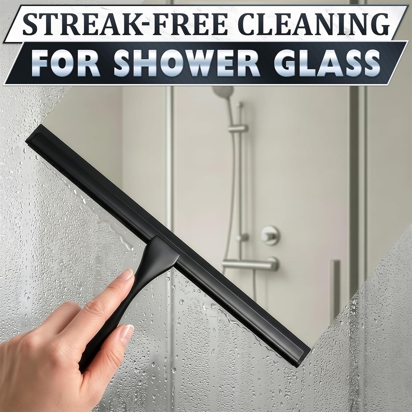 Shower Door Squeegee with Adhesive & Hanging Hooks, 12" Silicone Blade - Stainless Steel All-Purpose Squeegee for Shower Glass, Bathroom Mirror Cleaner Tool Suitable for Tile Walls - Multi-Surface Use