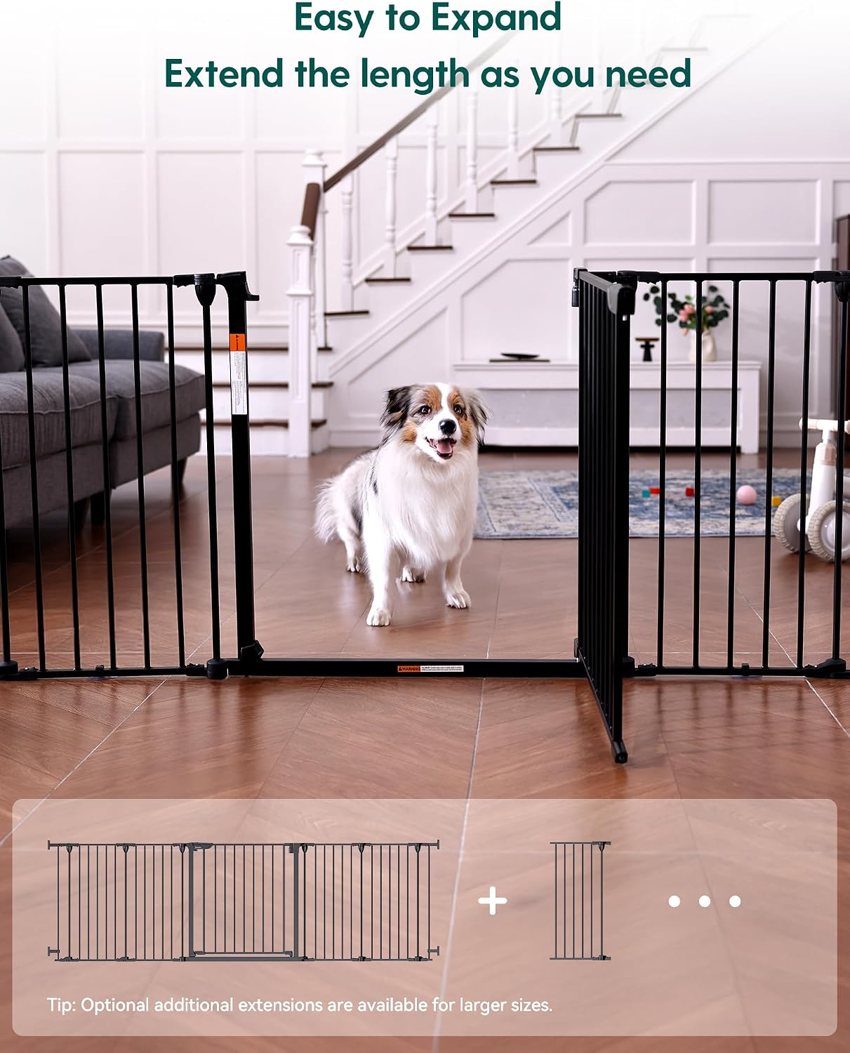 Babelio 104" Extra Wide Baby Gate, 30” Tall Auto Close Dog Fence for Stairs Doorways Fireplace, Hardware Mounted Pet Gate Indoor, Foldable 5 Metal Panels, AdaptiZone Series, Black