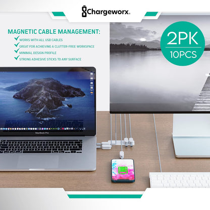 Chargeworx Magnetic Cable Clips - Cord Holder Organizer, No Drill Self-Adhesive Base, Cable Organizer, Repositionable Magnetic Clips, 5-Pack, USB-C Lightning Micro-USB, Desk Nightstand Wall Car, Black