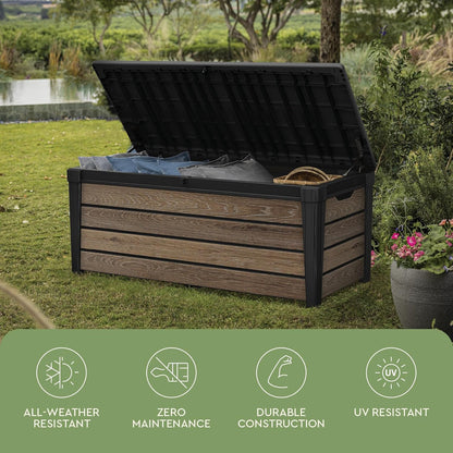 Keter Signature Everwood 30 Gallon Resin Outdoor Storage Box and Patio Furniture Side Table for Pool and Garden Accessories, Walnut