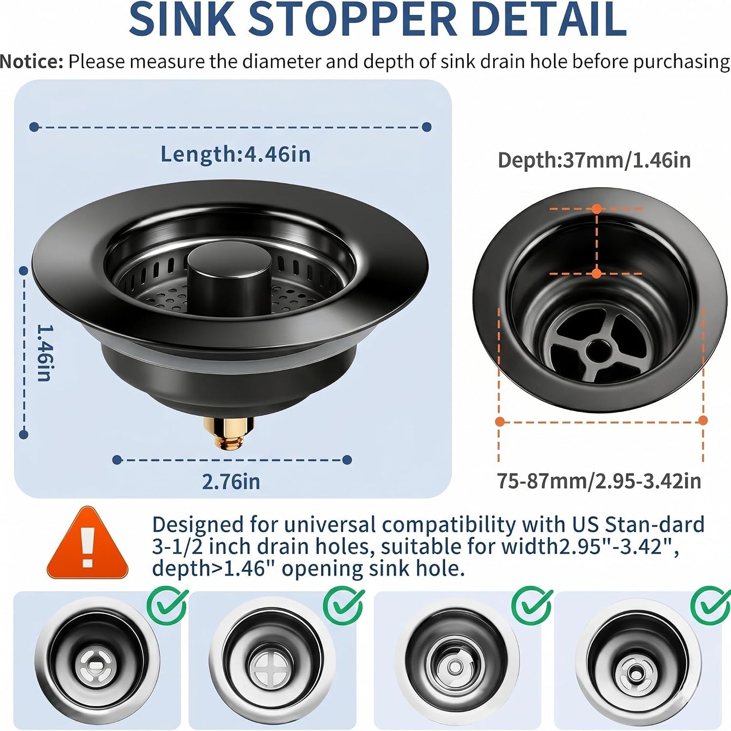 3-in-1 Kitchen Sink Drain Strainer - Pop Up Sink Stopper, Stainless Steel Sink Drain Strainer, Kitchen Sink Stopper & Drain Plug with Anti-Clogging Basket,Sink Strainer Fits US Standard 3-1/2'' Drains