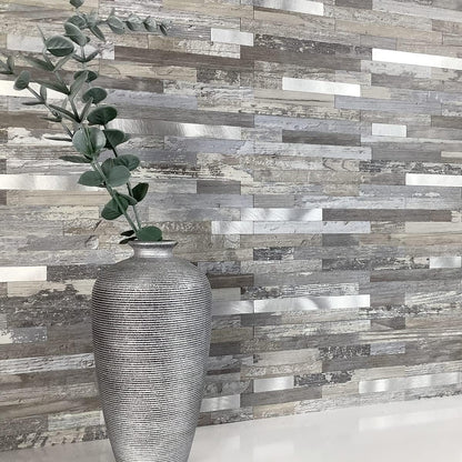 AULIGET 20 Sheets Peel and Stick Backsplash, Black & Grey Wood Look PVC Mixed Metal Stick on Backsplash Tiles for Kitchen
