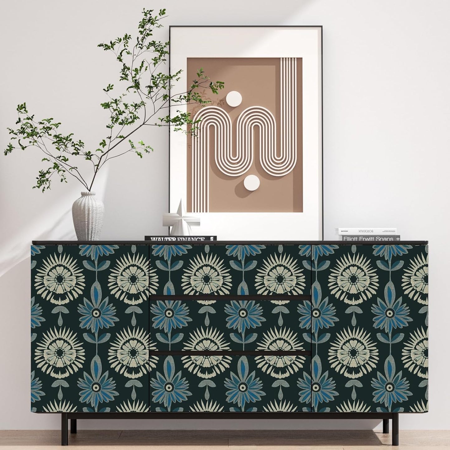 BOKEBEVE Leaves Contact Paper Floral Wallpaper Stick and Peel Boho Damask Wall Paper for Liner Drawer Cabinet Backsplash Renter Friendly Waterproof 17.5 x 118In