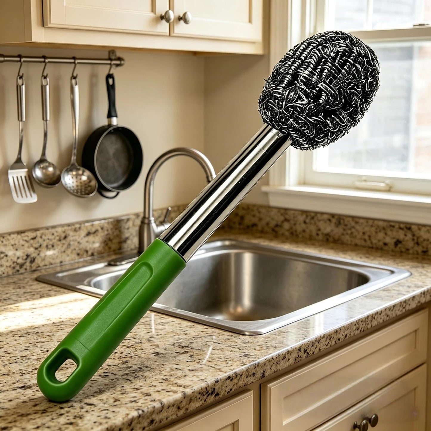 2PCS Steel Wool Scrubber with Handle Rustproof, Cast Iron Scrubber, Stubborn Messes Pot Brush, Remove Dirt for Cleaning Stoves,Sinks Dishes Grills Bowls & Metal Wire Sponge for Kitchens