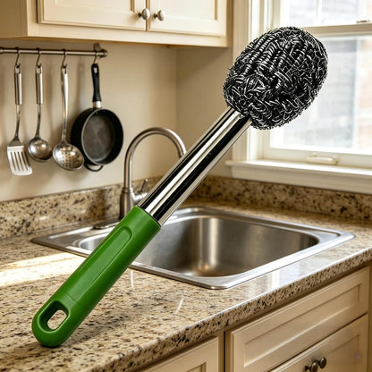 2PCS Steel Wool Scrubber with Handle Rustproof, Cast Iron Scrubber, Stubborn Messes Pot Brush, Remove Dirt for Cleaning Stoves,Sinks Dishes Grills Bowls & Metal Wire Sponge for Kitchens
