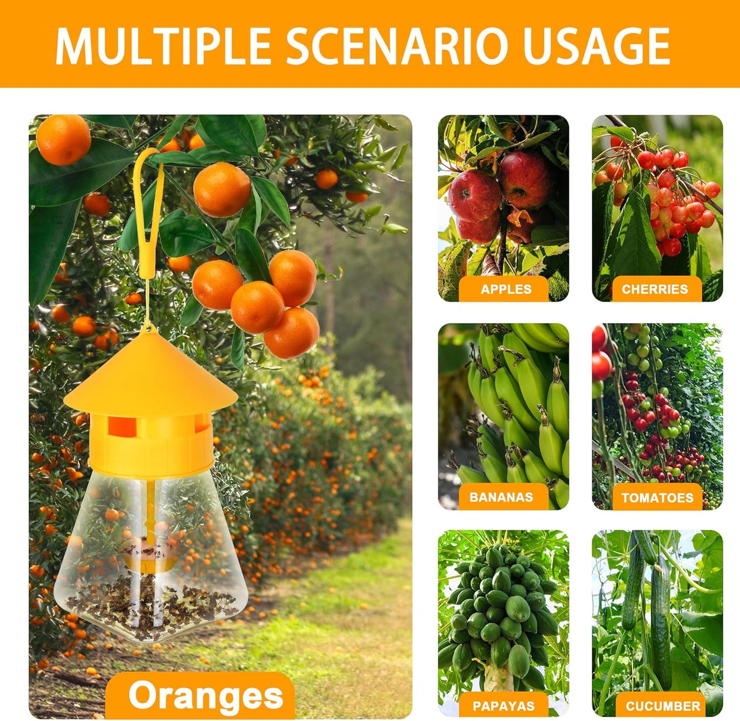 Outdoor Fly Traps with Natural Fruit Fly Bait Refill,Reusable Fruit Flies Trap Jar for Fruit and Vegetable Garden(Only Catch Fruit Trees and Melon Vines Fly)