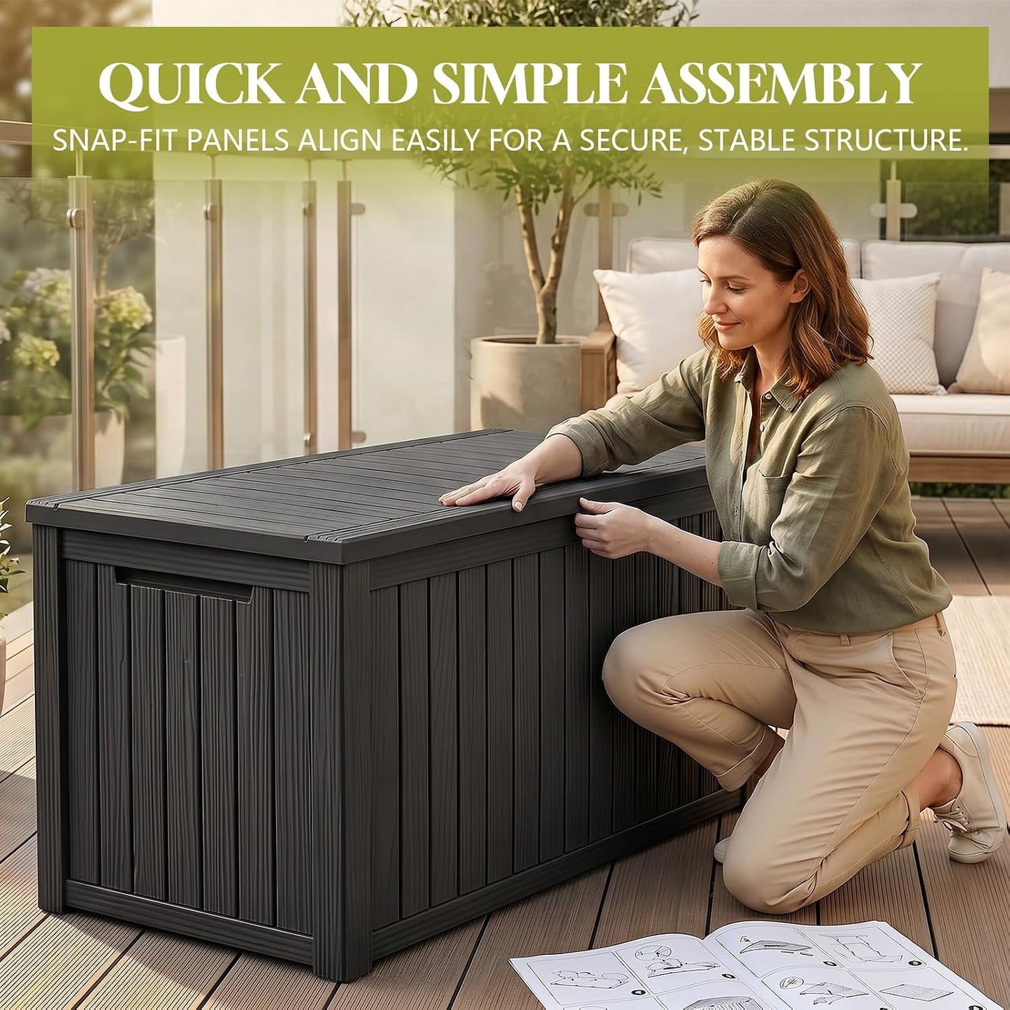 Waterproof Outdoor Storage Box Outside Deck Box Lockable Resin Bench UV Resistant Furniture Cushion Pool Tool Float Bin Patio Garden Porch (Black, 120 Gallon)