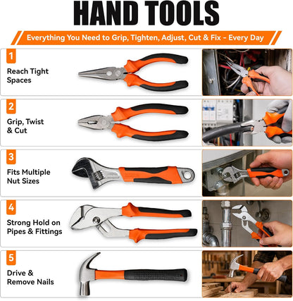 KOOPOOL 160-Piece Tool Kit for Home, Household Tool Set with Hammer, Wrench, Screwdrivers, Pliers and Storage Case for New Homeowners, Apartments, Dorms and DIY Projects