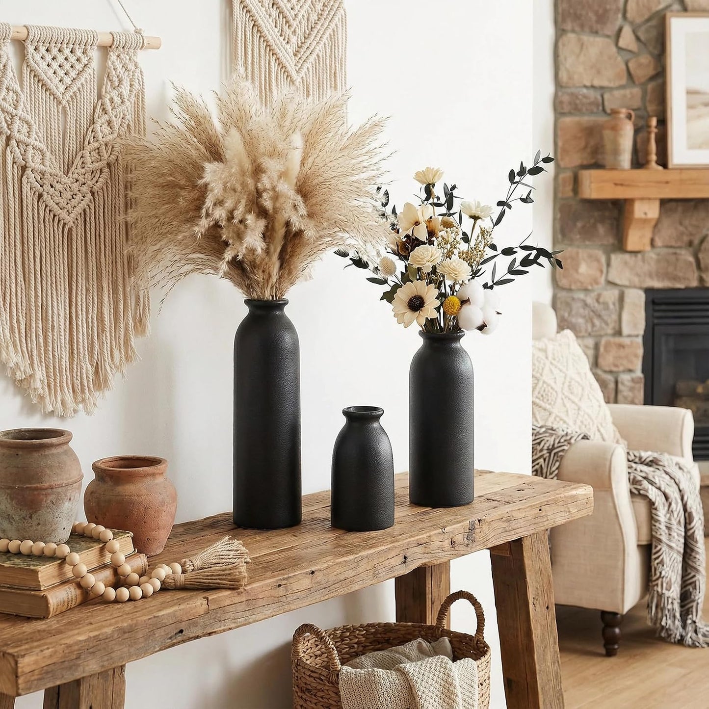 CEMABT Beige Ceramic vase Set-3 Small Flower vases for Decor,Modern Boho Farmhouse Home Decor,Decorative vase for Pampas Grass&Dried Flowers,idea Shelf,Table,Bookshelf ，Entryway- Distressed