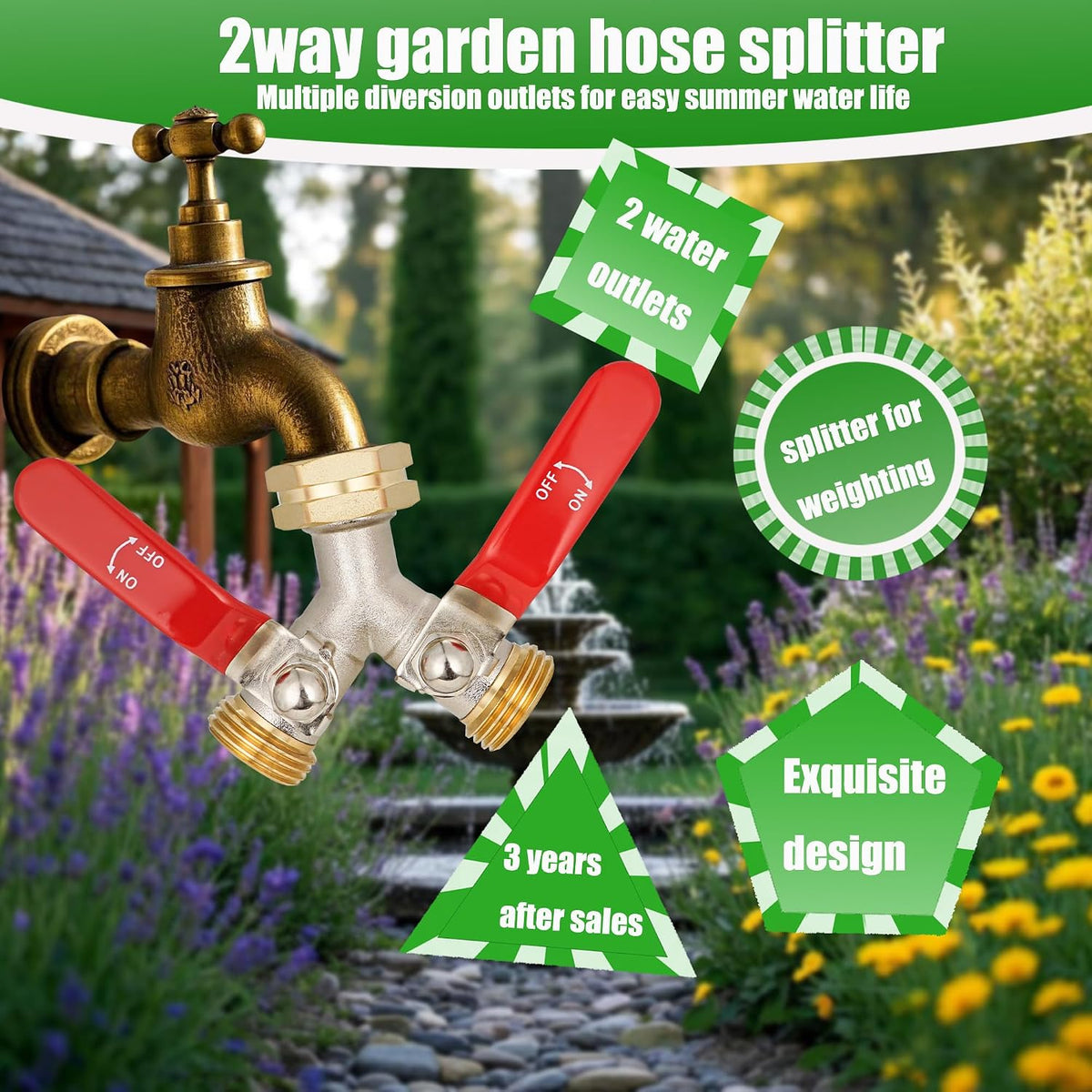 EJW Hose Splitter, 2 Way Hose Splitter, Garden Hose Splitters,Faucet Splitters, Outdoor Faucet Splitter, 2 Way Hose Connector,Brass Splitter, 3/4” GHT Threads.