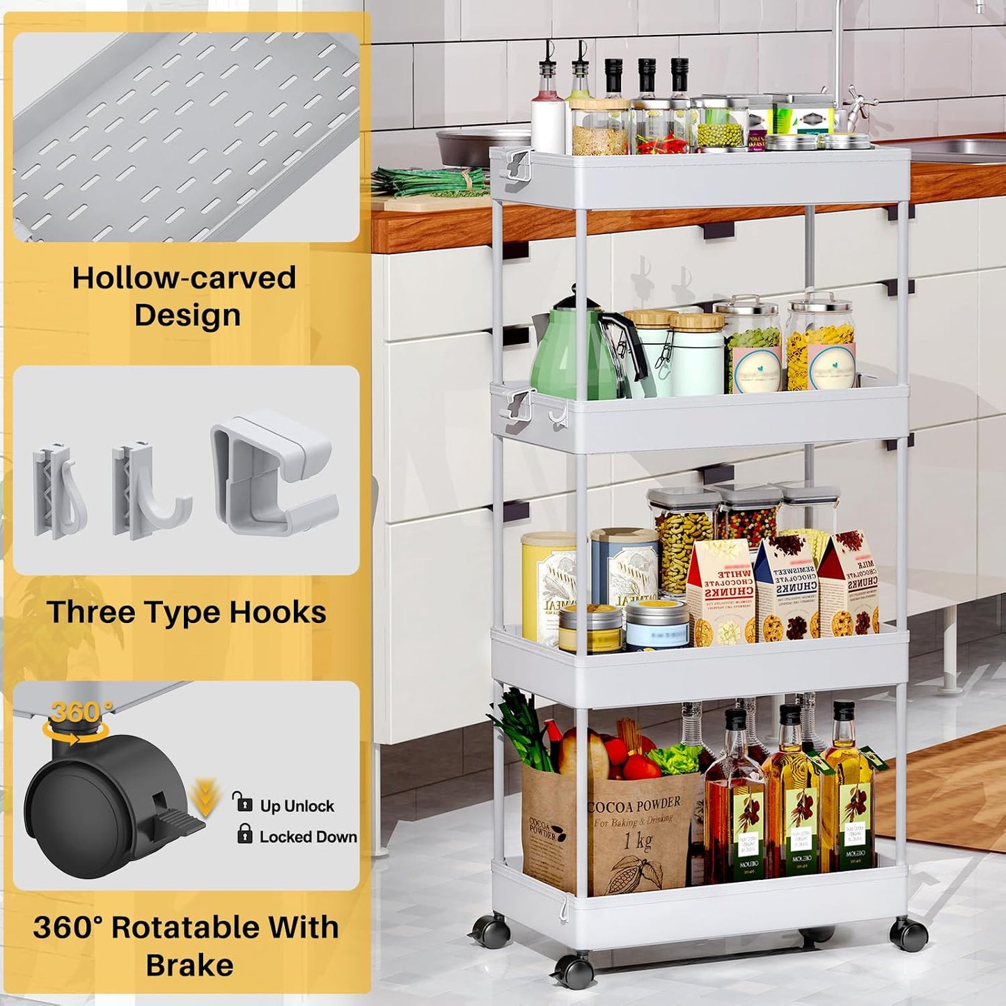 SPACEKEEPER 5-Tier Rolling Cart, Bathroom Storage Organizer Utility Cart, Mobile Shelving Unit Slide Out Shelves for Kitchen Living Room Laundry Room & Dressers, Black
