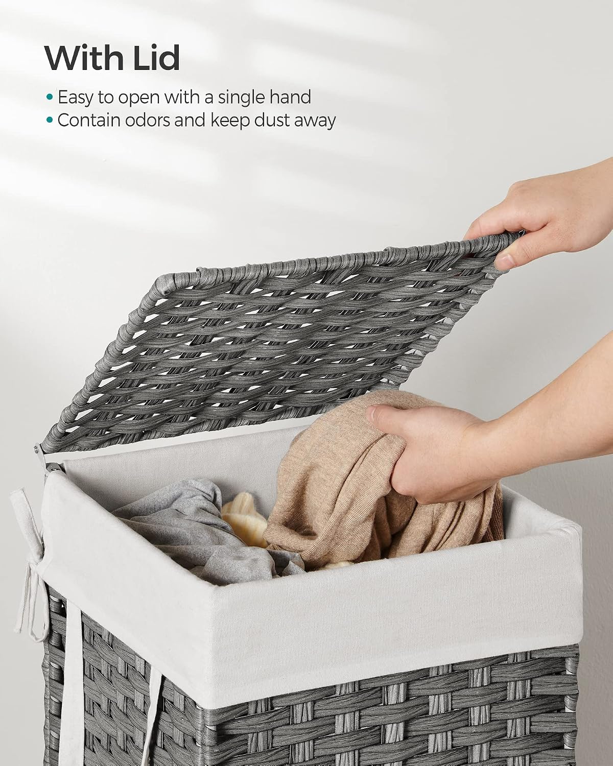 SONGMICS Laundry Hamper with Lid, 23.8 Gallon (90 L) Synthetic Rattan Clothes Laundry Basket with Lid and Handles, Foldable, Removable Liner, Chestnut Brown ULCB051K02