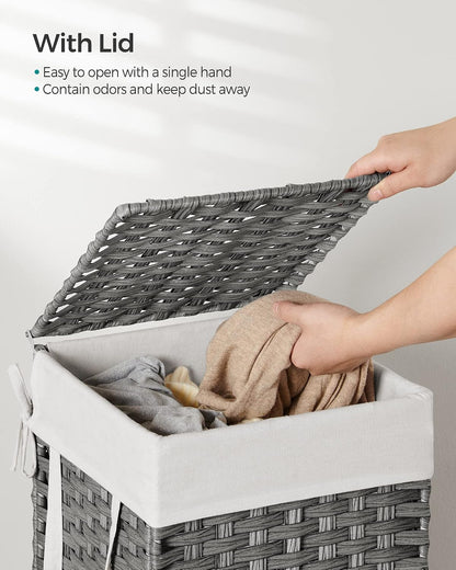 SONGMICS Laundry Hamper with Lid, 23.8 Gallon (90 L) Synthetic Rattan Clothes Laundry Basket with Lid and Handles, Foldable, Removable Liner, Chestnut Brown ULCB051K02