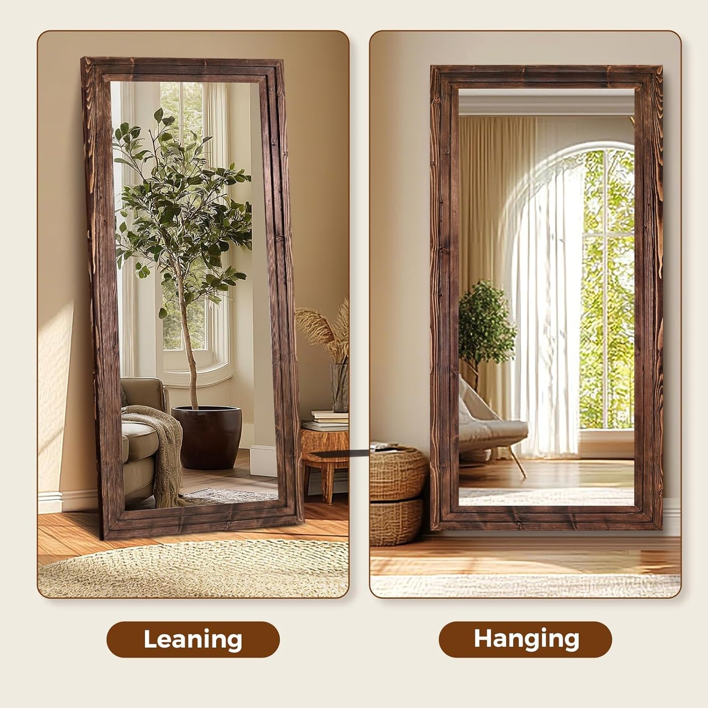 65"x22" Full Length Mirror Solid Wood Frame Floor Mirror with Stand for Living Room, Bedroom Hanging Standing or Leaning, Brown
