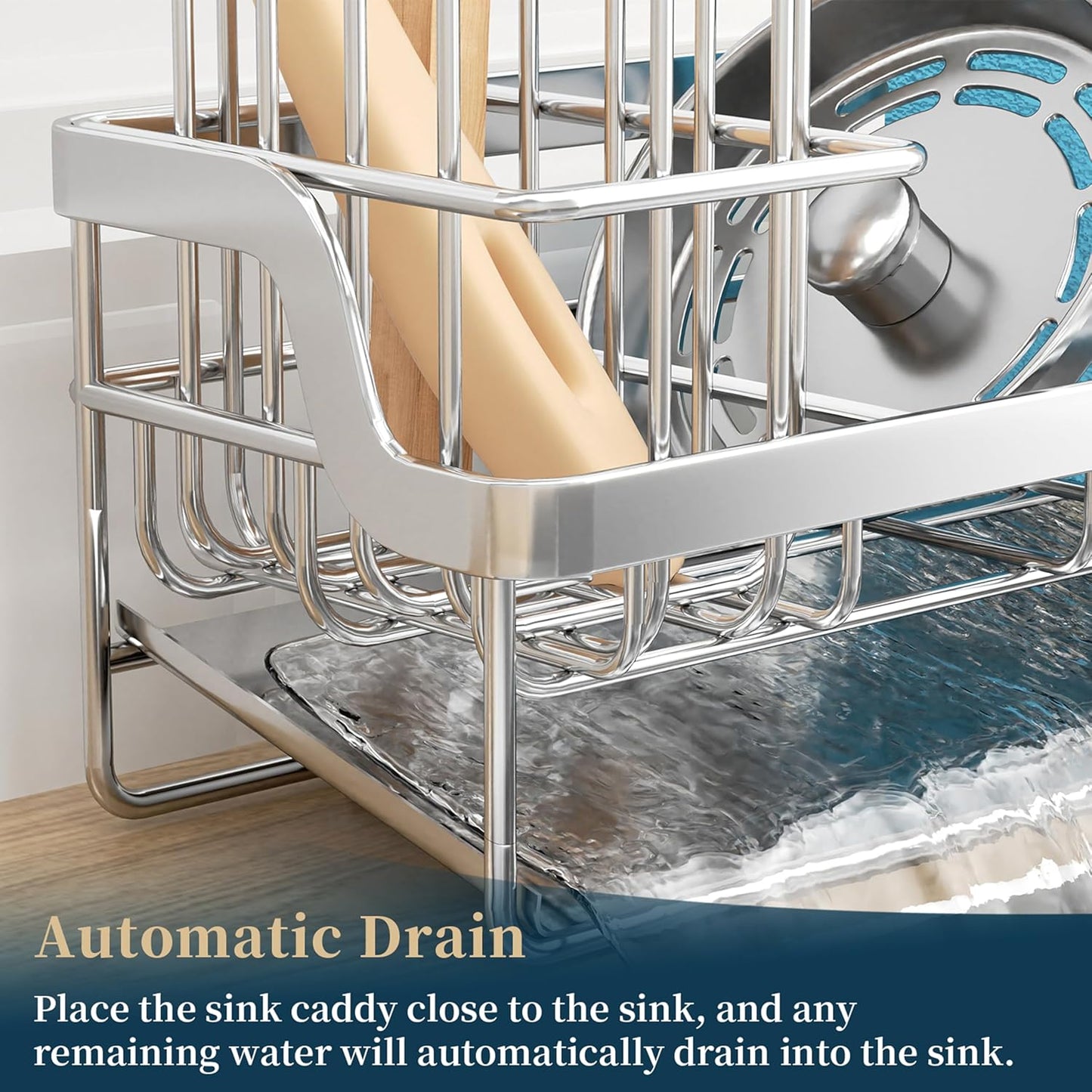 Consumest Sponge Holder for Kitchen Sink - Sink Caddy with Stainless Steel Self Drain Tray, Sink Organizer with High Brush Holder Countertop for Kitchen Sink Accessories, Black