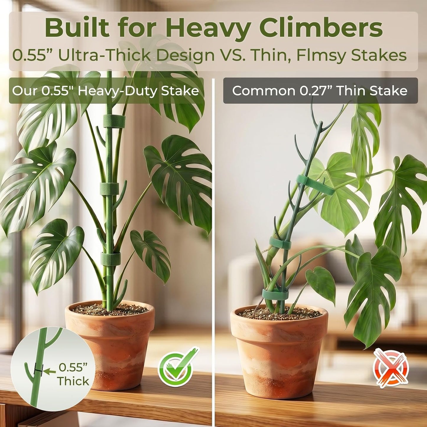 Heavy-Duty Monstera Plant Support Stakes - 10-Piece Stackable Sticks | For Climbing Stem up to 39.6" Tall - 0.55" Thick Indoor Plant Poles & Outdoor Garden Structures