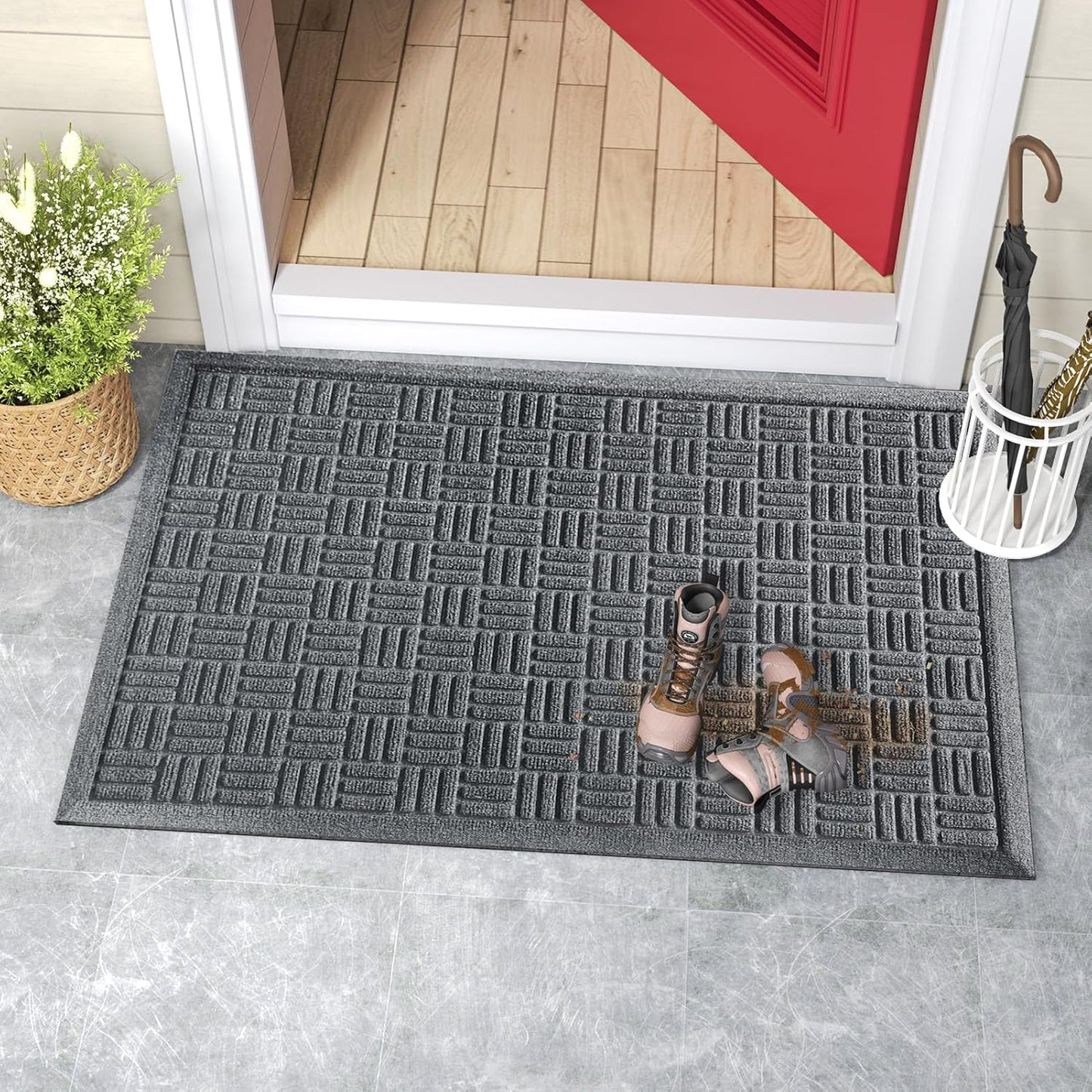 Mibao Front Door Mat, Heavy Duty Durable Welcome Mat for Outdoor Indoor, Dirt Trapper Waterproof Super Absorbent Door Mat for Entryway Outside Patio Porch, 29.5" x 17", Grey